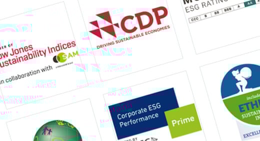 A group of sustainability index logos, including Dow Jones Sustainability Indices