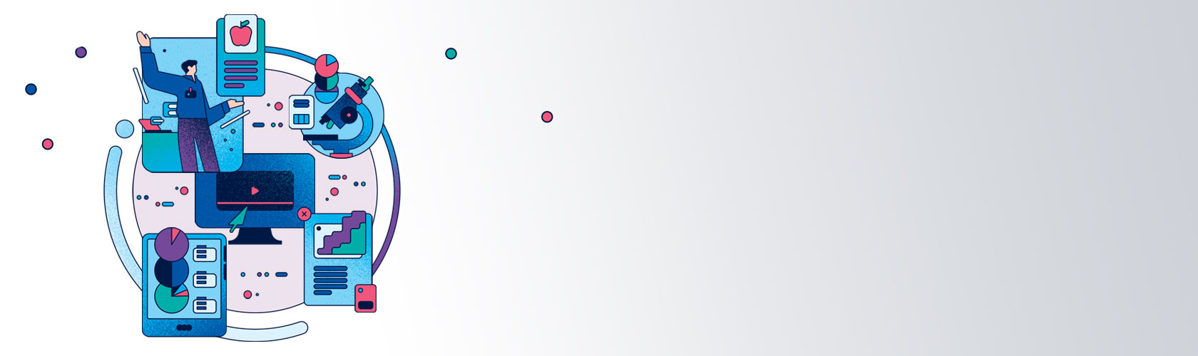 A circular graphic with people and charts on